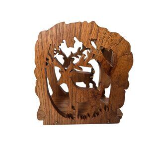 Vintage Hand-Carved Wooden Deer in Forest Napkin or Letter Holder